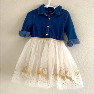 Girls Lilt Brand Blue Denim/White Taffeta Gold Reindeer Dress
